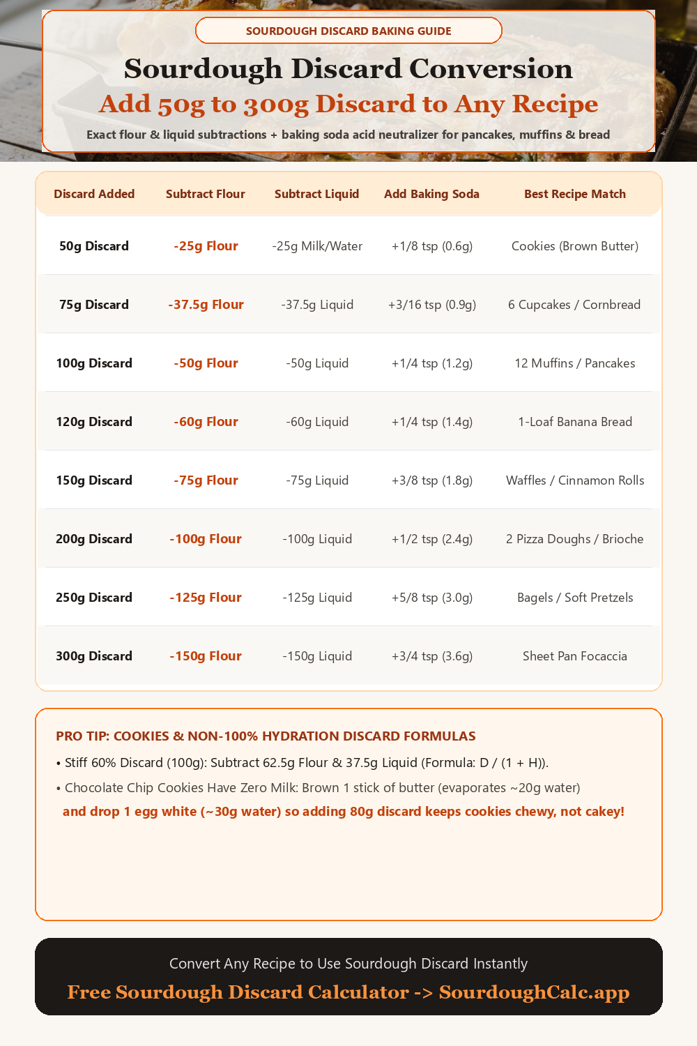 Sourdough discard conversion table for 50g to 300g discard showing exact flour and liquid grams to subtract plus baking soda booster amounts for muffins, pancakes, cookies, and quick breads.