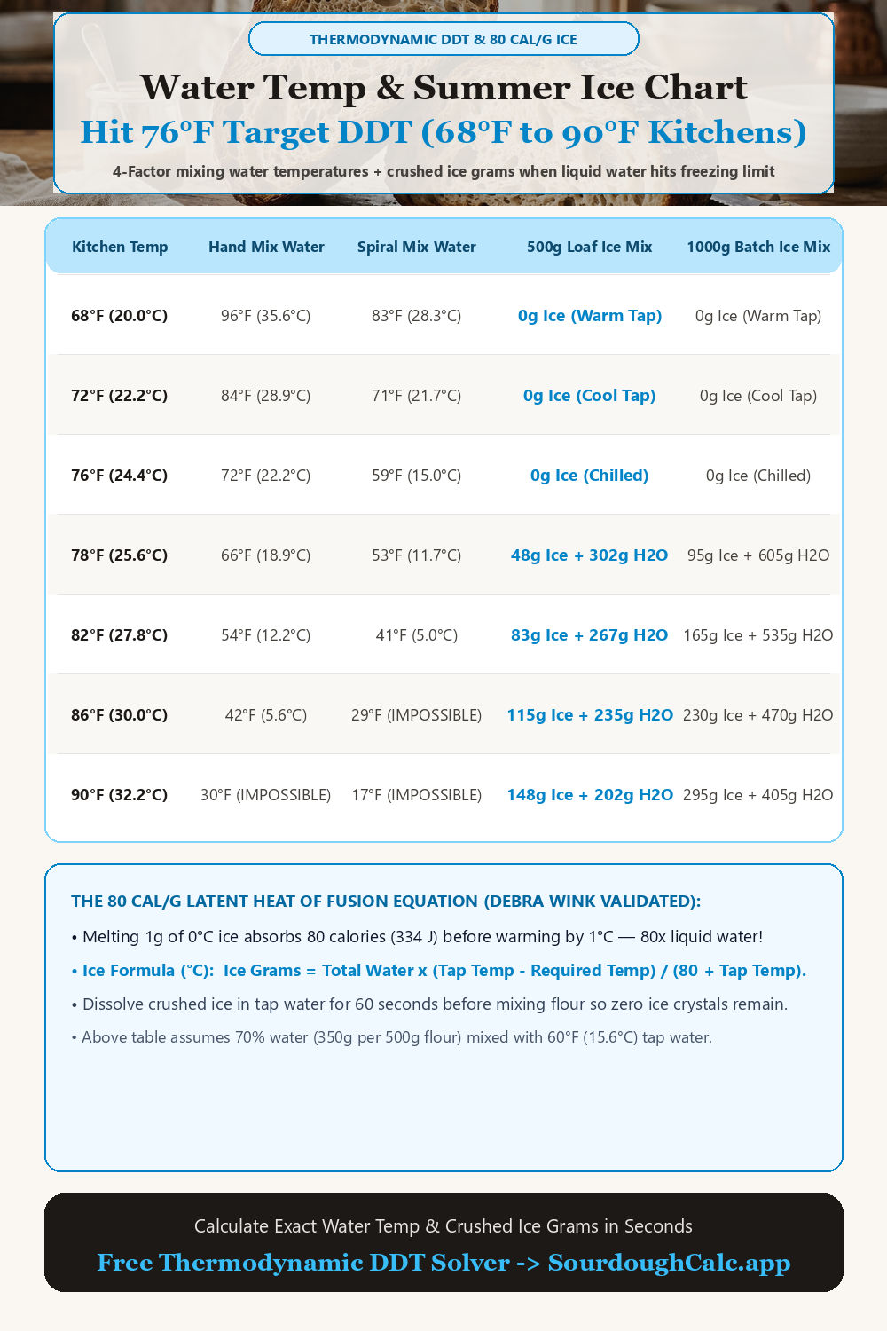 Sourdough water temperature and summer crushed ice substitution chart for 68°F to 90°F kitchens showing hand-mix and spiral-mix water temperatures and exact grams of ice.