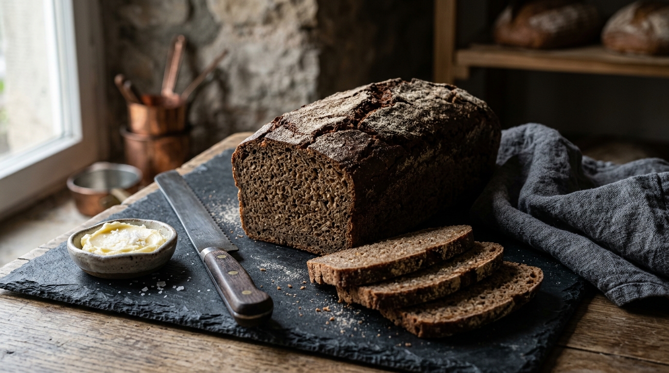 Dense dark German-style 100% whole grain rye sourdough loaf dusted with rye flour and sliced to show tight aromatic crumb