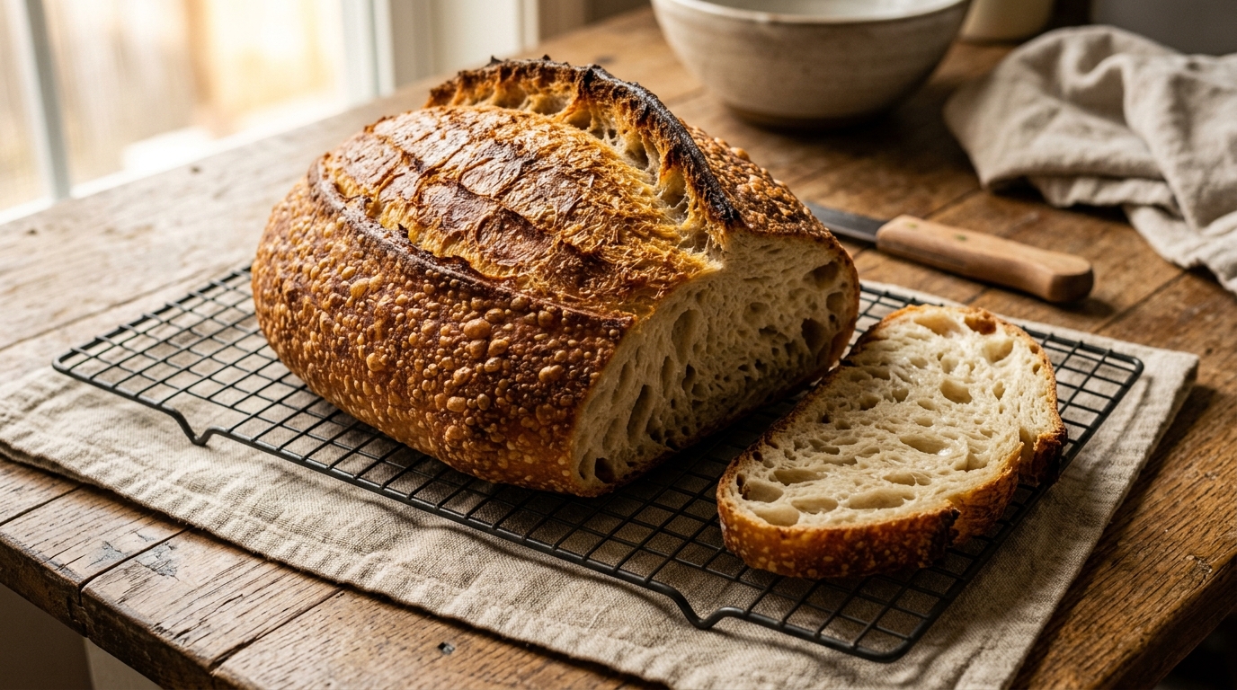 Rustic San Francisco sourdough boule with blistered golden-brown crust and deep score ear on a wooden surface