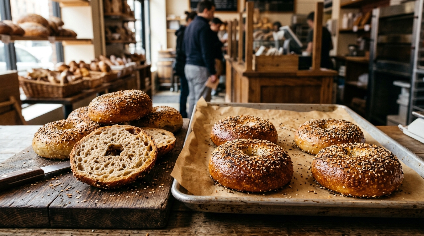 Hand-rolled boiled sourdough bagels with blistered golden crust and sesame and poppy seed topping