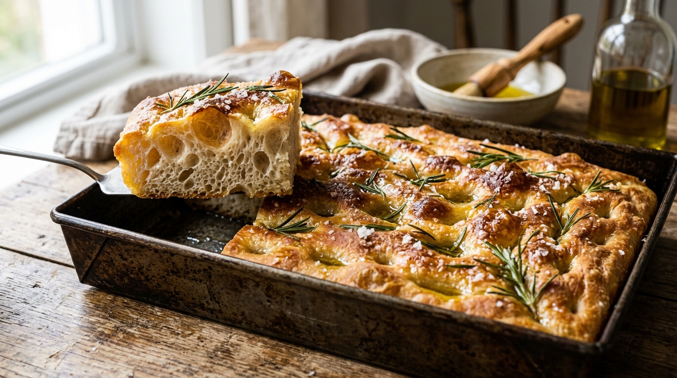 Golden olive oil dimpled high-hydration sourdough focaccia topped with fresh rosemary needles and flaky sea salt