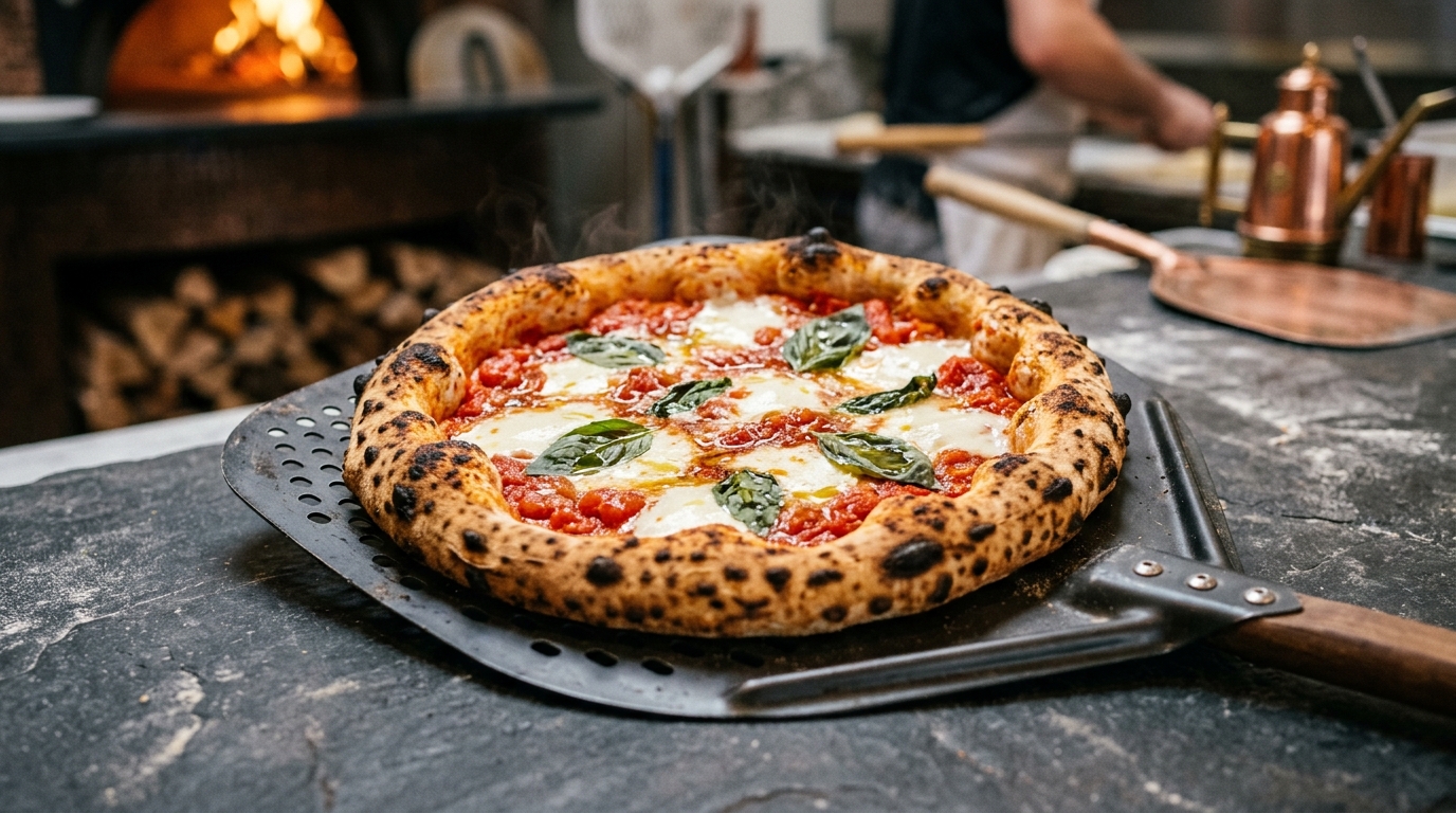 Neapolitan-style naturally leavened sourdough pizza crust with charred leopard-spotted cornicione fresh from a brick oven
