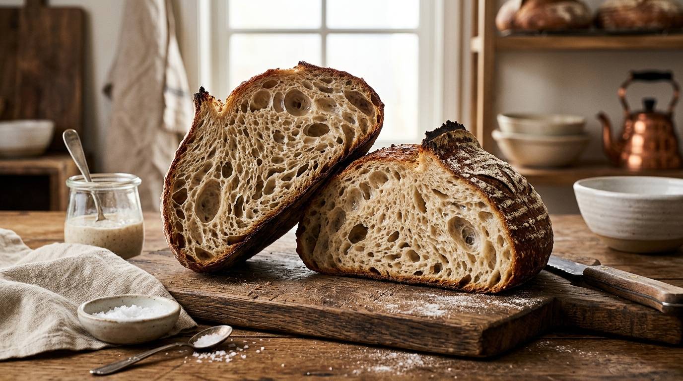 Cross-section of a freshly baked Classic Tartine Country Loaf sourdough showing open honeycomb crumb and blistered dark mahogany ear